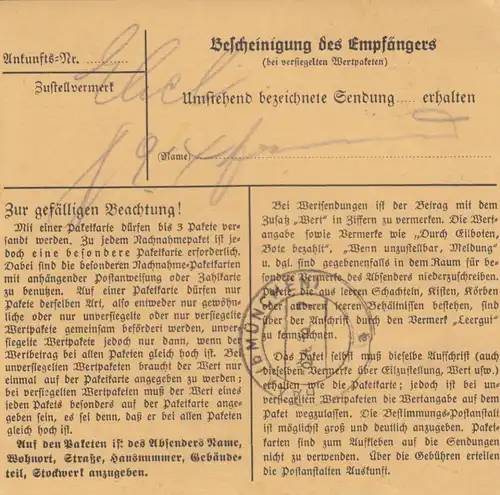Paketkarte 1948: Ansbach nach Haar, Wertkarte, Selbstbucher