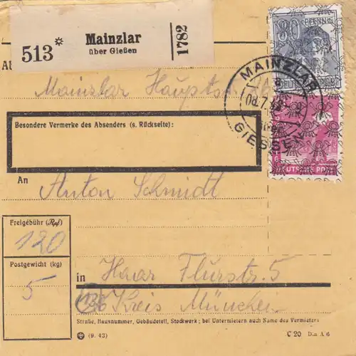 BiZone Paketkarte 1948: Mainzlar nach Haar Kreis München