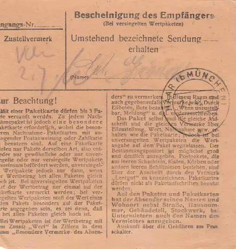 Carte de paquet BiZone 1948: Söllhuben sur Rosenheim vers Eglfing-Haar
