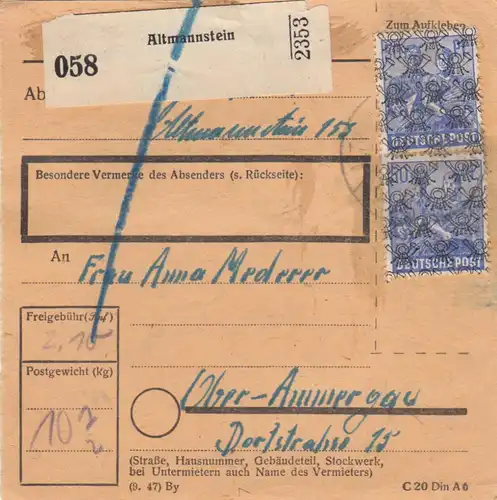 BiZone Paketkarte 1948: Altmannstein nach Oberammergau