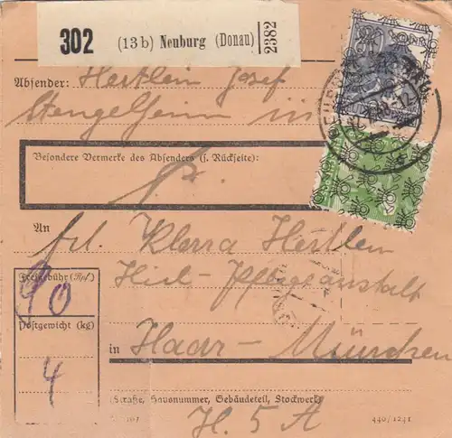 BiZone Paketkarte 1948: Neuburg Donau nach Haar, Heilanstalt