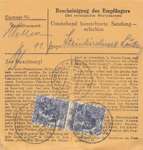 BiZone Paketkarte 1948: Schorndorf über Cham nach Haar, Kinderhaus