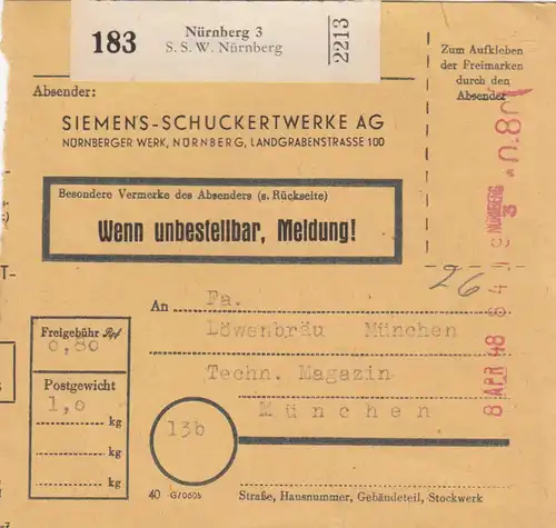 Carte de paquet BiZone 1948: Nuremberg vers Munich, carte de livreur automatique, Löwenbräu