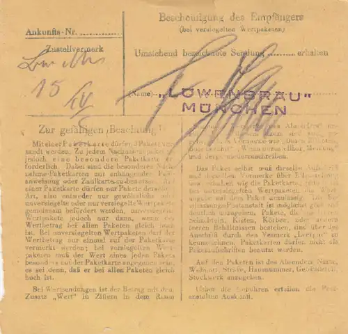 Carte de paquet BiZone 1948: Nuremberg vers Munich, carte de livreur automatique, Löwenbräu