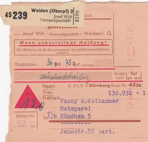 Carte de paquet BiZone 1948: Weiden, Witt vers Munich, Auto-booker, Acceptation
