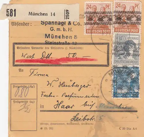 Carte de paquet BiZone 1948: Munich, Spannagl GmbH, par Haar, carte de valeur