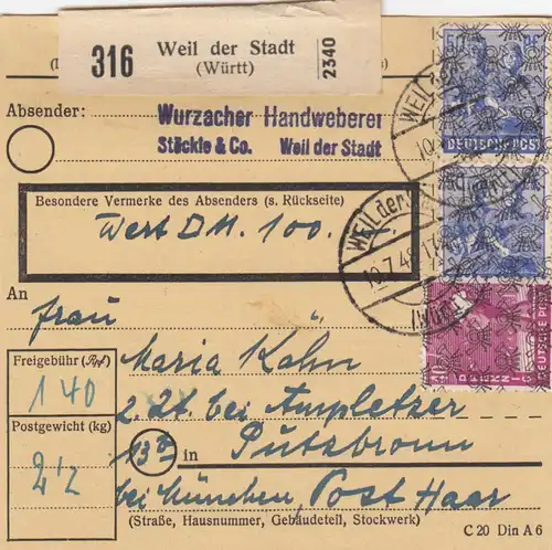 BiZone Paketkarte 1948: Weil der Stadt, Handweberei, nach Putzbrunn, Wertkarte