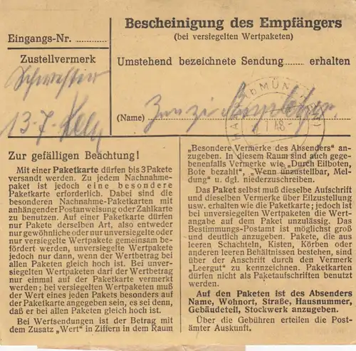 BiZone Paketkarte 1948: Weil der Stadt, Handweberei, nach Putzbrunn, Wertkarte