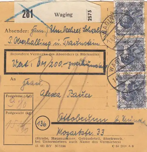 BiZone Paketkarte 1948: Waging Oberhalling nach Ottobrunn, Wertkarte