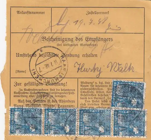 BiZone Paketkarte 1948: Eichstätt nach Haar, Wertkarte