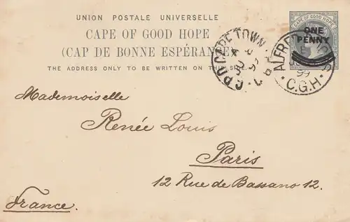 Afrique du Sud 1899: post card Cape Town to Paris