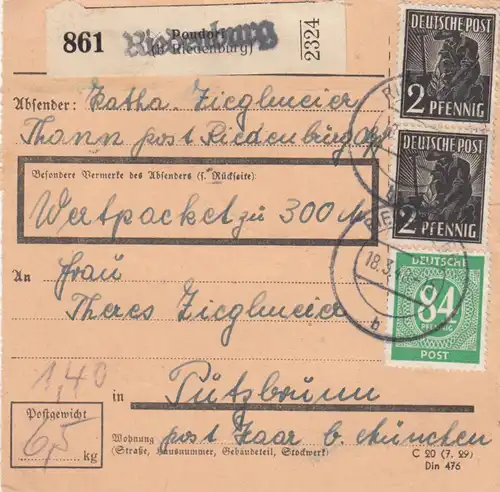 Paketkarte 1948: Thann Riedenburg, Pondorf nach Putzbrunn, Wertkarte