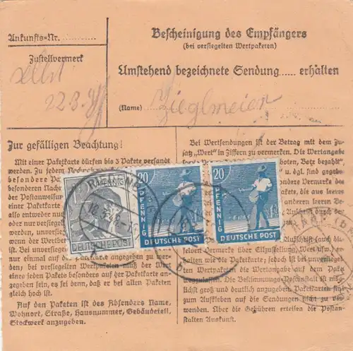 Paketkarte 1948: Thann Riedenburg, Pondorf nach Putzbrunn, Wertkarte