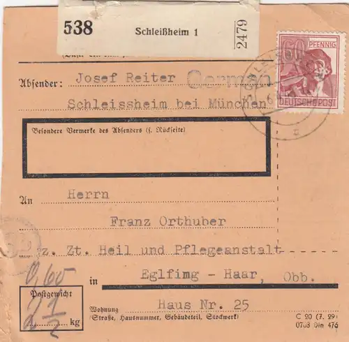 Carte de paquet 1948: Schleidsheim vers Eglfing, centre de soins et de santé