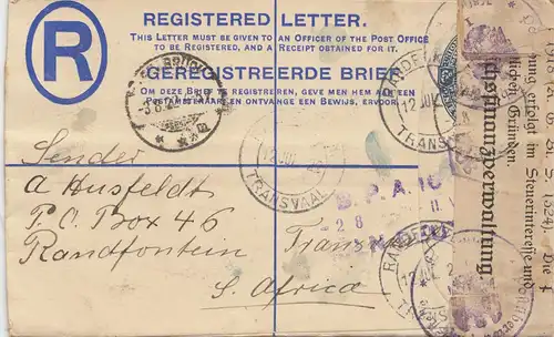 South Africa 1922: Randfontein to Osnabrück; Zensur Reichsfinanzverwaltung 