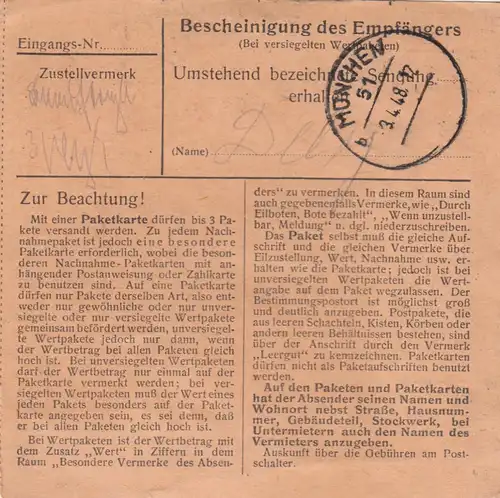 Paketkarte 1948: Amberg Buchloe nach München