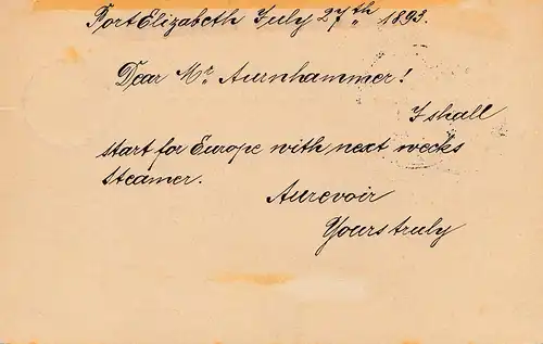 South Africa 1893: Post card Port Elizabeth to Weissenburg, Tax