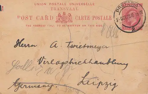 Afrique du Sud 1910: Pretoria post card to Leipzig