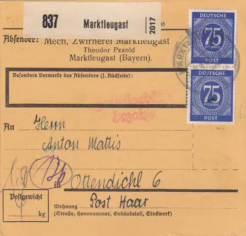 Paketkarte: Marktleugast, Mech. Zwirnerei, nach Ottendichl, Selbstbucher