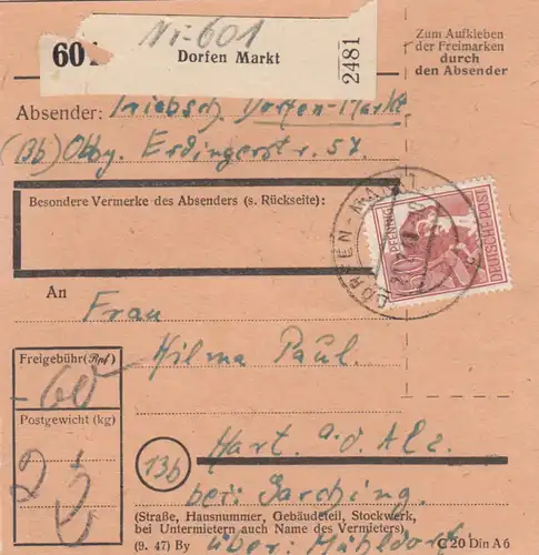 Paketkarte 1948: Dorfen Markt nach Hart a.d. Alz