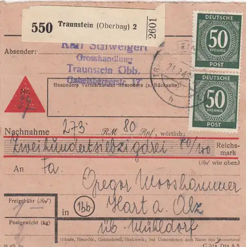 Carte de paquet 1948: Traunstein, Grand Handlng. Schweigert vers Hart, Nachn.