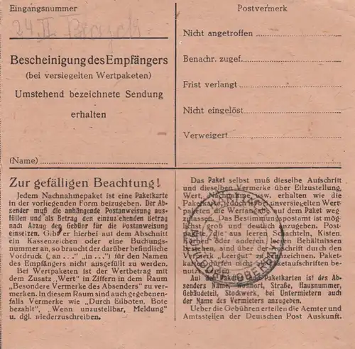 Paketkarte 1948: Traunstein, Grosshandlng. Schweigert nach Hart, Nachn.