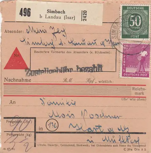 Paketkarte 1948: Simbach Landau nach Hart Alz, Nachnahme