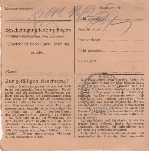 Paketkarte 1948: Simbach Landau nach Hart Alz, Nachnahme