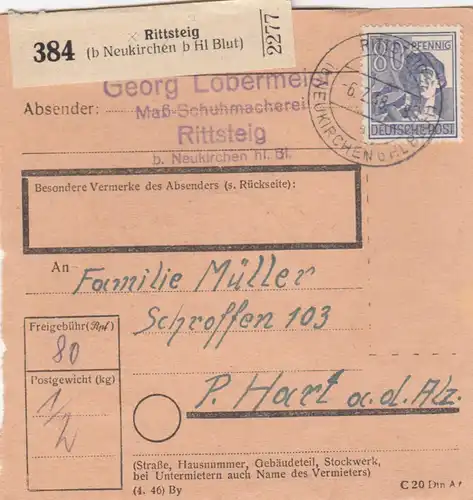 Paketkarte 1948: Rittsteig bei Neukirchen, Schuhmacherei, nach Hart
