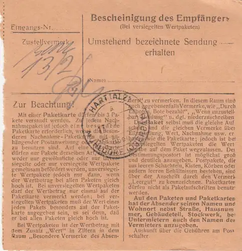 Paketkarte 1948: Rittsteig bei Neukirchen, Schuhmacherei, nach Hart