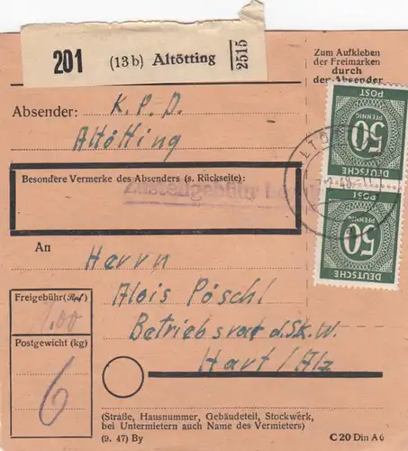 Paketkarte 1948: Altötting nach Hart, Betriebsvor. des SKW