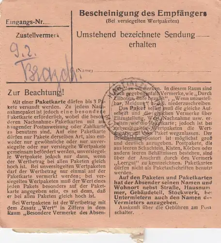Paketkarte 1948: Altötting nach Hart, Betriebsvor. des SKW