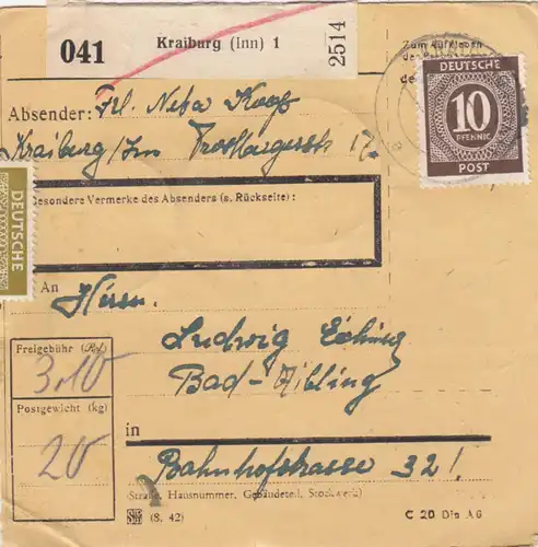 Paketkarte 1946: Kraiburg nach Bad-Aibling