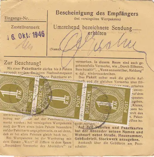 Paketkarte 1946: Kraiburg nach Bad-Aibling