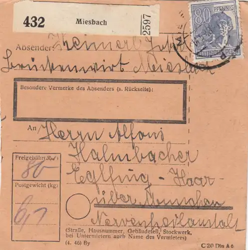Carte de paquet 1948: Miesbach vers Eglfing, Nerveilstatl