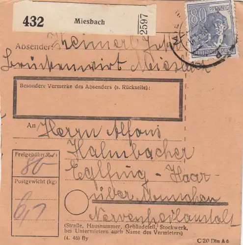 Paketkarte 1948: Miesbach nach Eglfing, Nervenheilanstatl