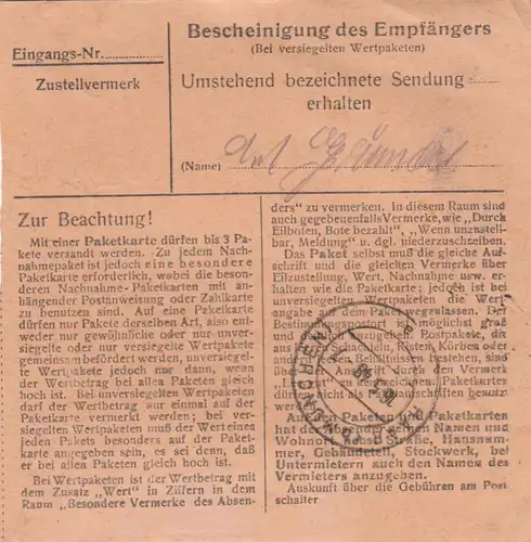 Paketkarte 1948: Miesbach nach Eglfing, Nervenheilanstatl