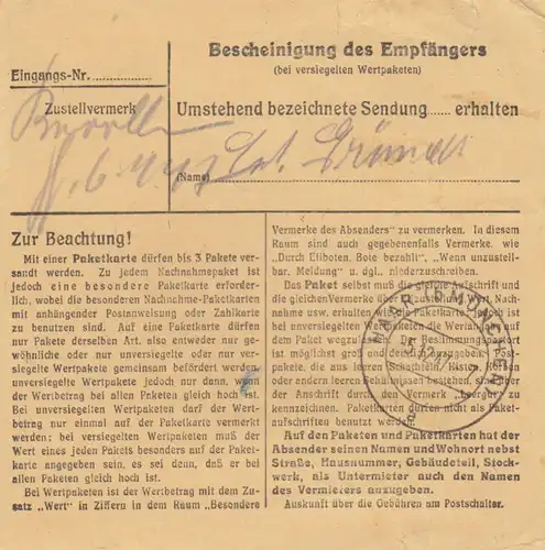 Carte de paquet 1947: Munich Pasing après Haar, soin de la santé