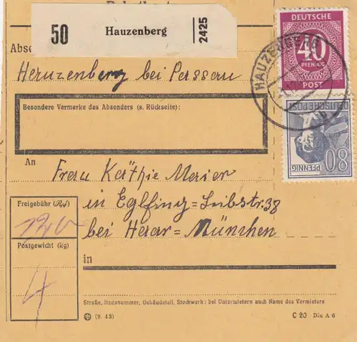 Paketkarte 1947: Hauzenberg bei Passau nach Eglfing