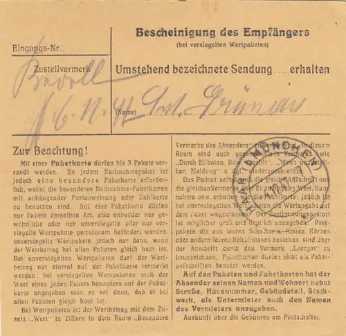 Paketkarte 1947: Hauzenberg bei Passau nach Eglfing