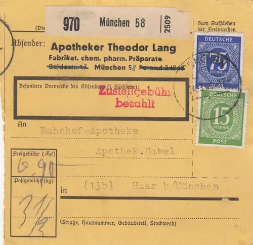 Carte de paquet 1948: pharmacien Lang Munich après Haar, auto-réservation