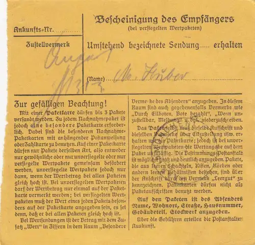 Carte de paquet 1948: pharmacien Lang Munich après Haar, auto-réservation