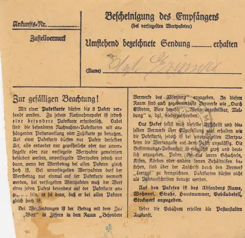Paketkarte 1948: Simbach a. Inn nach Post Haar