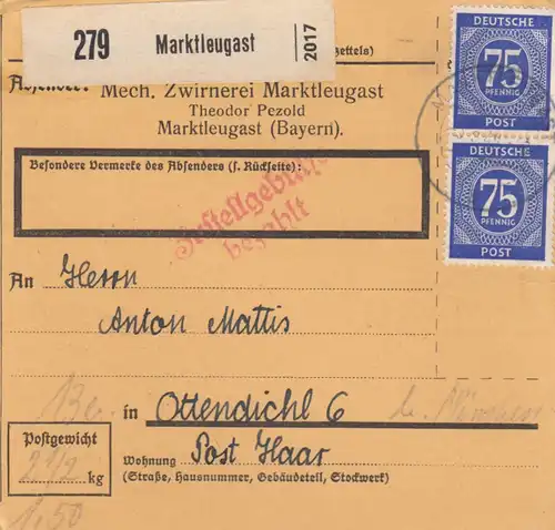Paketkarte 1948: Marktleugast, Zwirnerei nach Ottendichl
