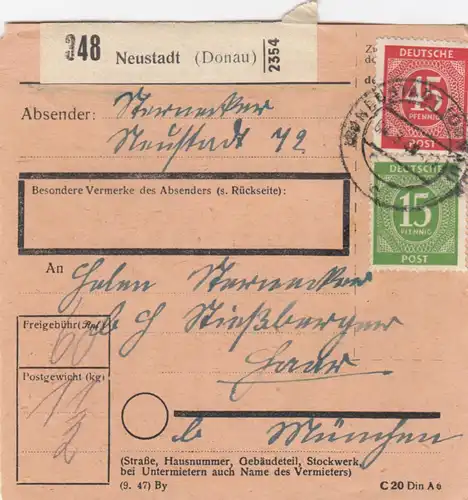 Carte de paquet 1948: Neustadt par Haar