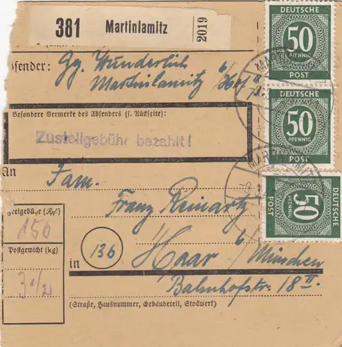 Carte de paquet 1948: Martinlamitz par cheveux