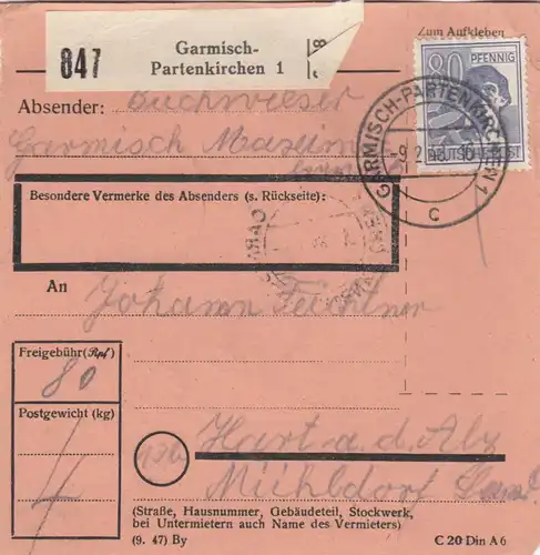 Carte de paquet 1948: Garmisch-Patenkirchen vers Hart a.d. Alz
