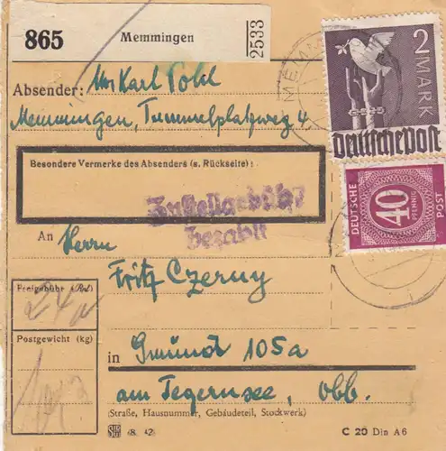 Paketkarte 1947: Memmingen nach Gmund