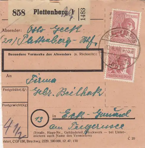 Carte de paquet 1948: Plettenberg vers Eck-Gmund, Tegernsee