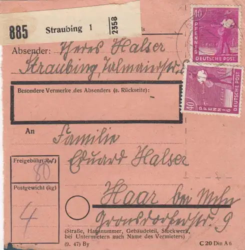 Paketkarte 1948: Straubing nach Haar